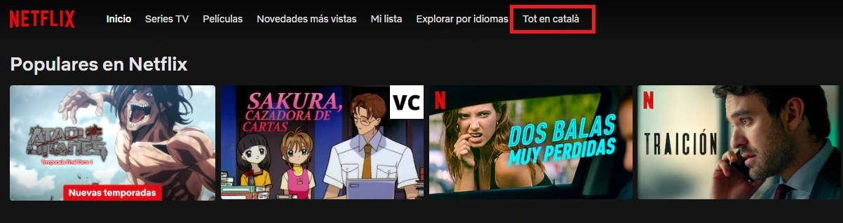 Captura d'imatge de com l'extensió mostra quins títols de Netflix tenen contingut en català